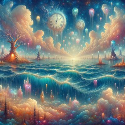 The primary subject of the image is a surreal, whimsical scene featuring a clock, a tree, and various floating objects, such as balloons and kites. The setting is a vast ocean, with the clock and tree floating on the water. The visual style is a combination of digital art and illustration, creating a vibrant and imaginative atmosphere. The colors are predominantly blue and white, with the clock and tree adding a touch of green. The overall mood is one of wonder and curiosity, as